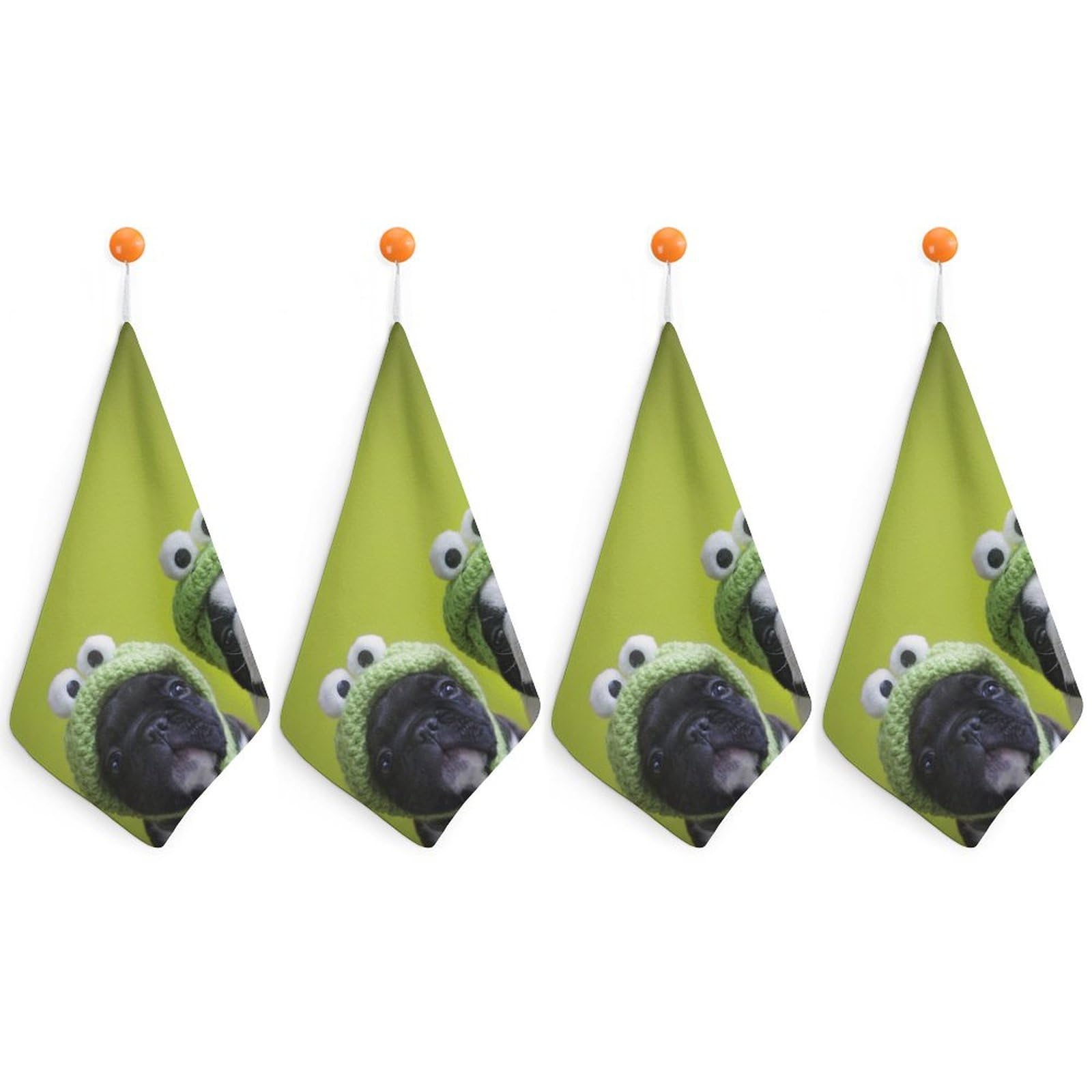 LWORZIIB 4 Piece Hanging Hand Towels, French Bulldog with Frog Hat Small Dry Hand Towel for Kitchen Bathroom