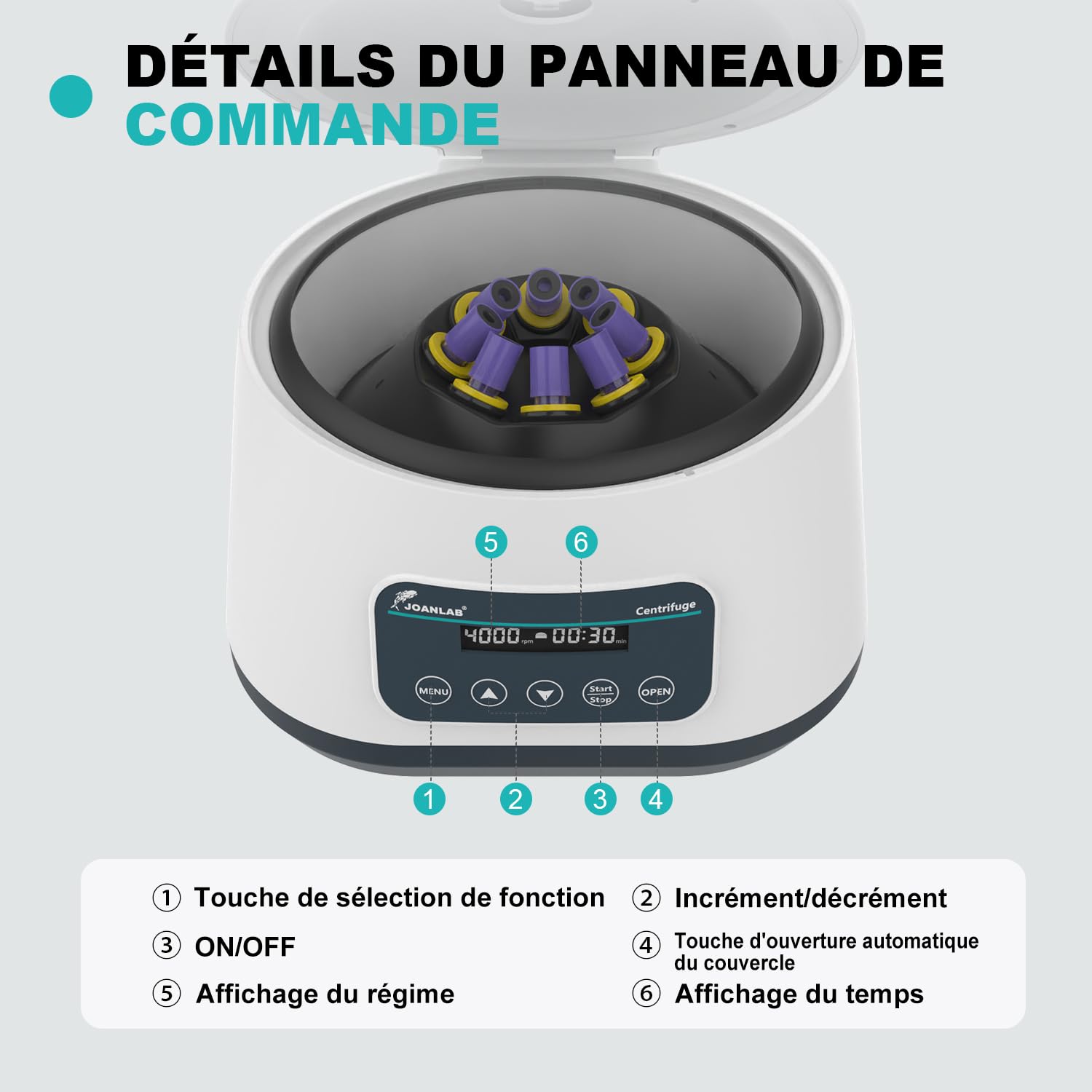 JOANLAB Machine à centrifuger de laboratoire 2 ml/5 ml/10 ml x 8, 15 ml x 4 centrifugeuses de table basse vitesse 500-4000 tr/min, 2180 x g RCF Digital Benchtop centrifugeuse avec minuterie