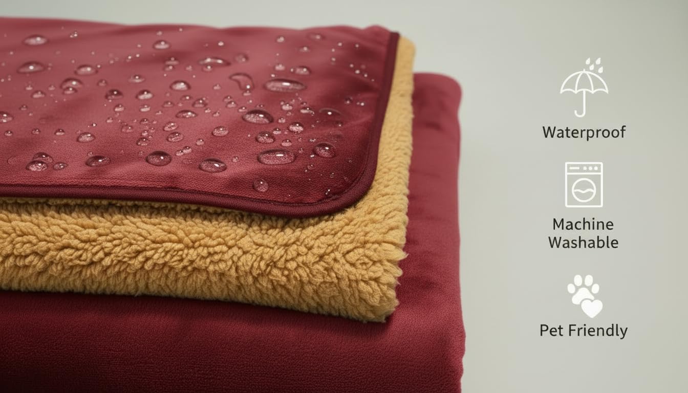 Waterproof Reversible Blanket - Leakproof Furniture Protector, Throw for Sofa, Bed, Car Seat, Couch Cover for People, Pets, Cats & Dogs - Machine Washable - Red Wine Flannel & Gold Sherpa (40” x 60”) - Image 3
