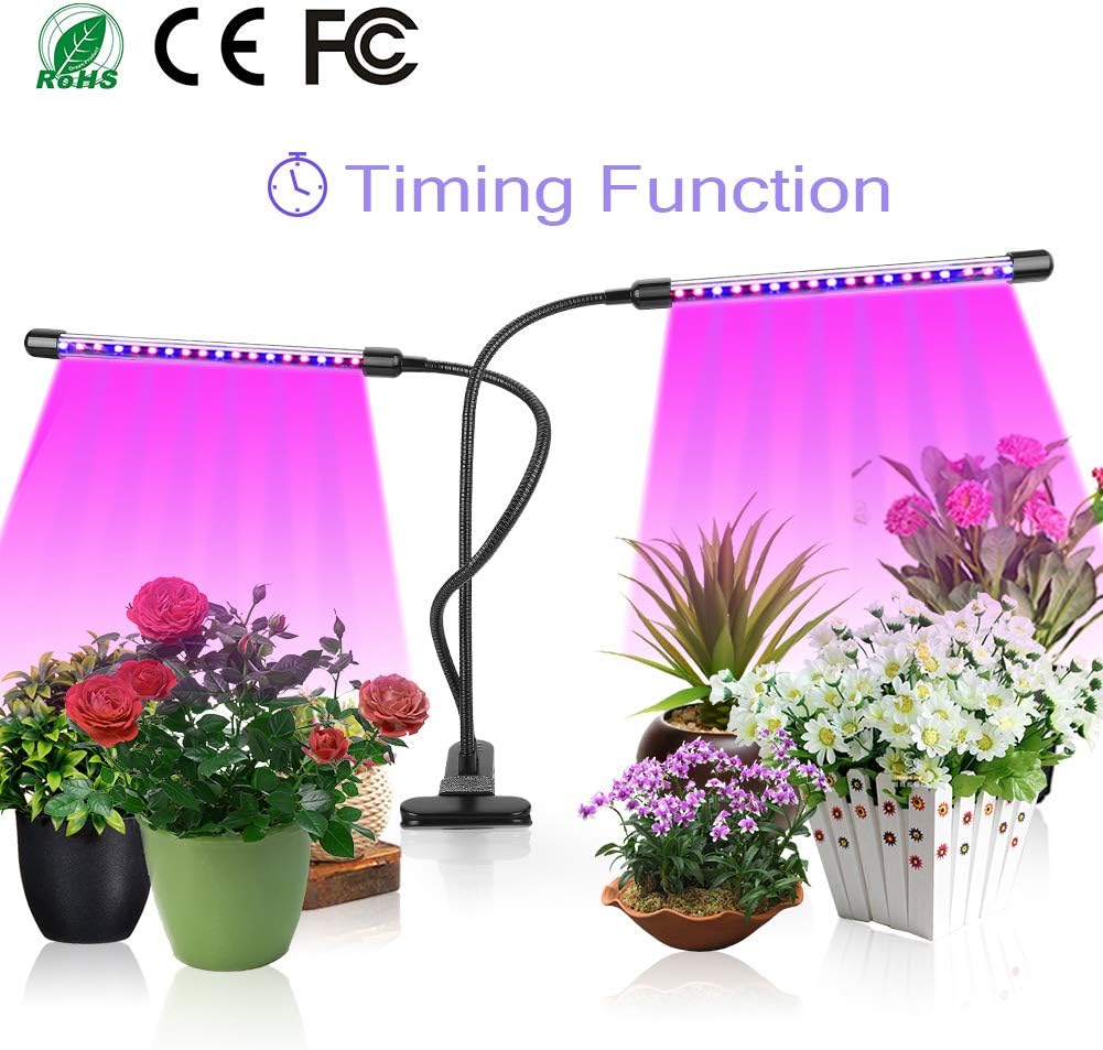 HOMEWOOT LED Grow Light 18W Growing Lamp for Indoor Plants Dual Head Timing 36 LED 5 Dimmable Levels with Red/Blue Spectrum, 3/6/12H Timer, 3 Lighting Modes,360° Flexible Gooseneck