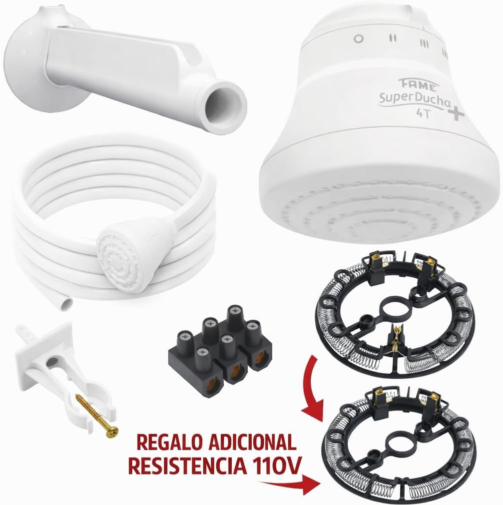 FAME - Electric shower 110V - 4 temperatures.- 4400W - Includes: Head, hose with hand head + support, installation tube, free spare resistance included - Calentador de Agua Electrico.