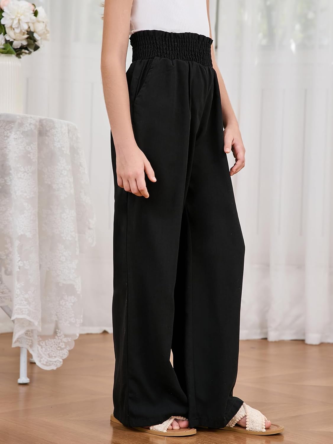 Milumia Girl's Linen High Waist Smocked Paperbag Wide Leg Pants Long Trousers - Image 4