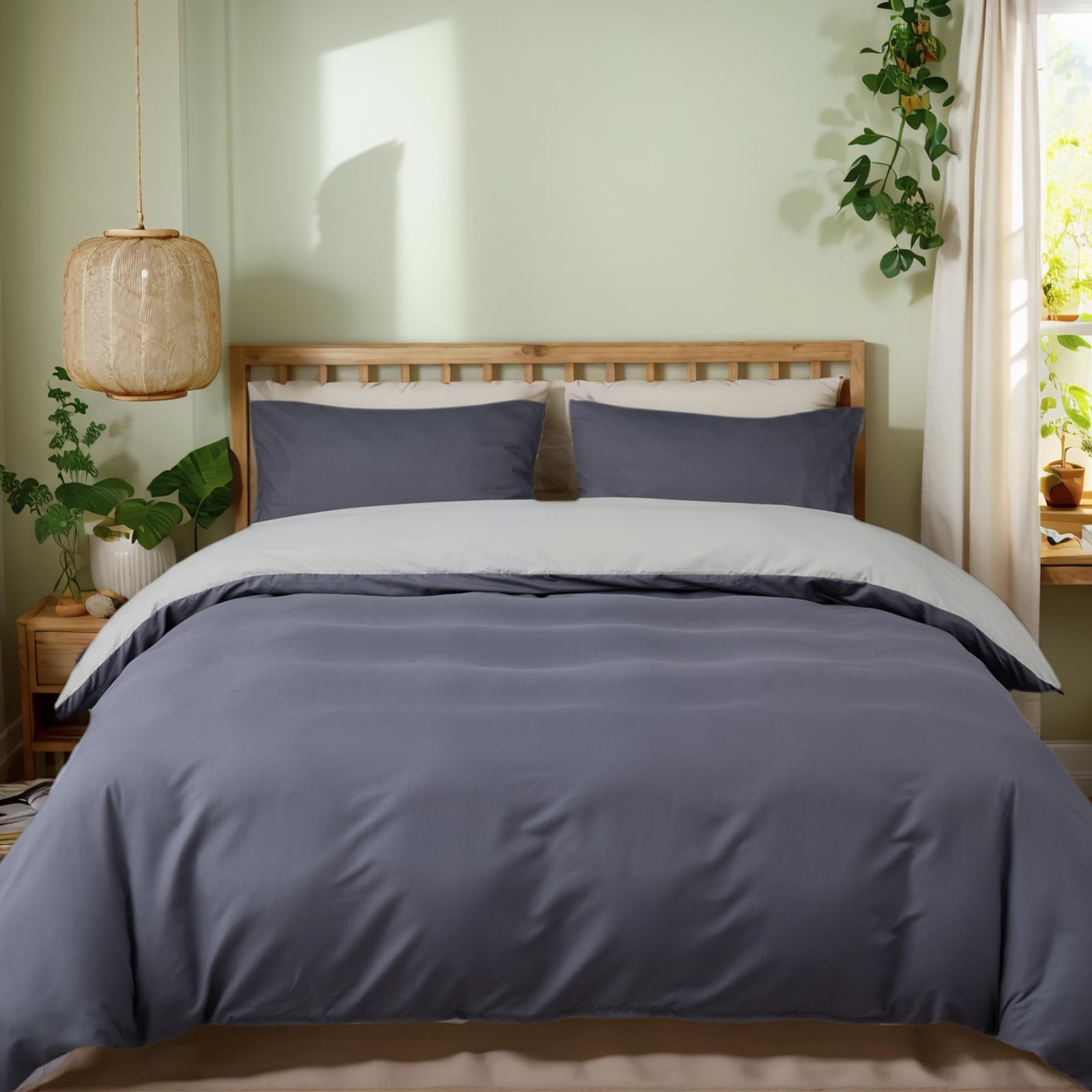 MIKI WELL Double Duvet Cover Set - 3Pcs Reversible Bedding Double Bed Set Dark Grey and Light Grey, Soft Microfiber Quilt Cover with 2 Pillowcases 50x75cm