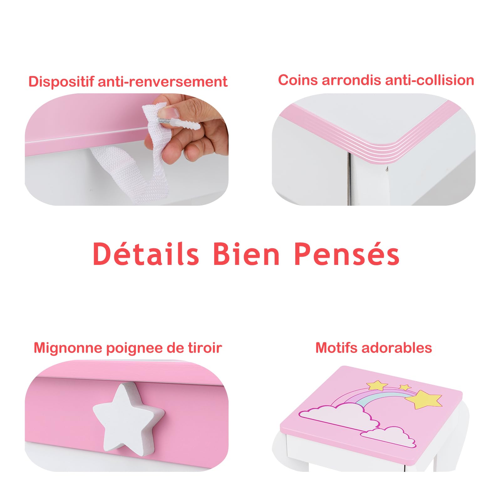 LIFEZEAL Coiffeuse avec Miroir et Tabouret Enfant, Coiffeuse Enfant Licorne Fille 3-7 Ans, Table de Maquillage Bois avec Tiroir pour Petite Princesse (Rose)
