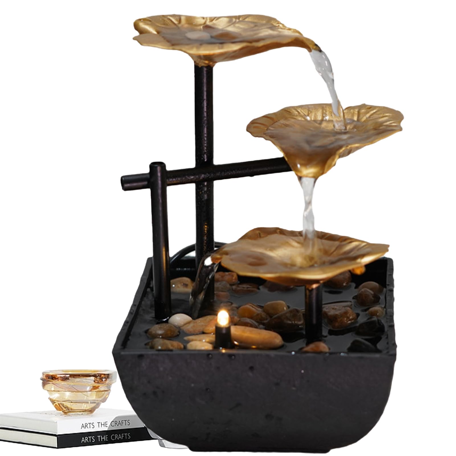 Fontaine de Bureau d'intérieur,Cascade Ornements d'eau Courante,Décor de Table Zen Moderne en Métal,avec Lumières LED,pour la Décoration de la Maison,L'ameublement de Bureau,Chambre (Or)