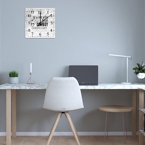 Miniatura 5 de Mighun Reloj de PVC con texto en inglés "Always Kiss Your Cowboy Goodnight", reloj de pared silencioso sin tictac, funciona con pilas, reloj