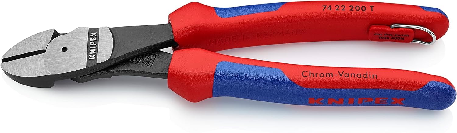 Knipex Alicates de corte diagonal de fuerza negro atramentado, integrada para colocar un dispositivo de protección anticaídas 200 mm (cartulina autoservicio/blíster) 74 22 200 T BK