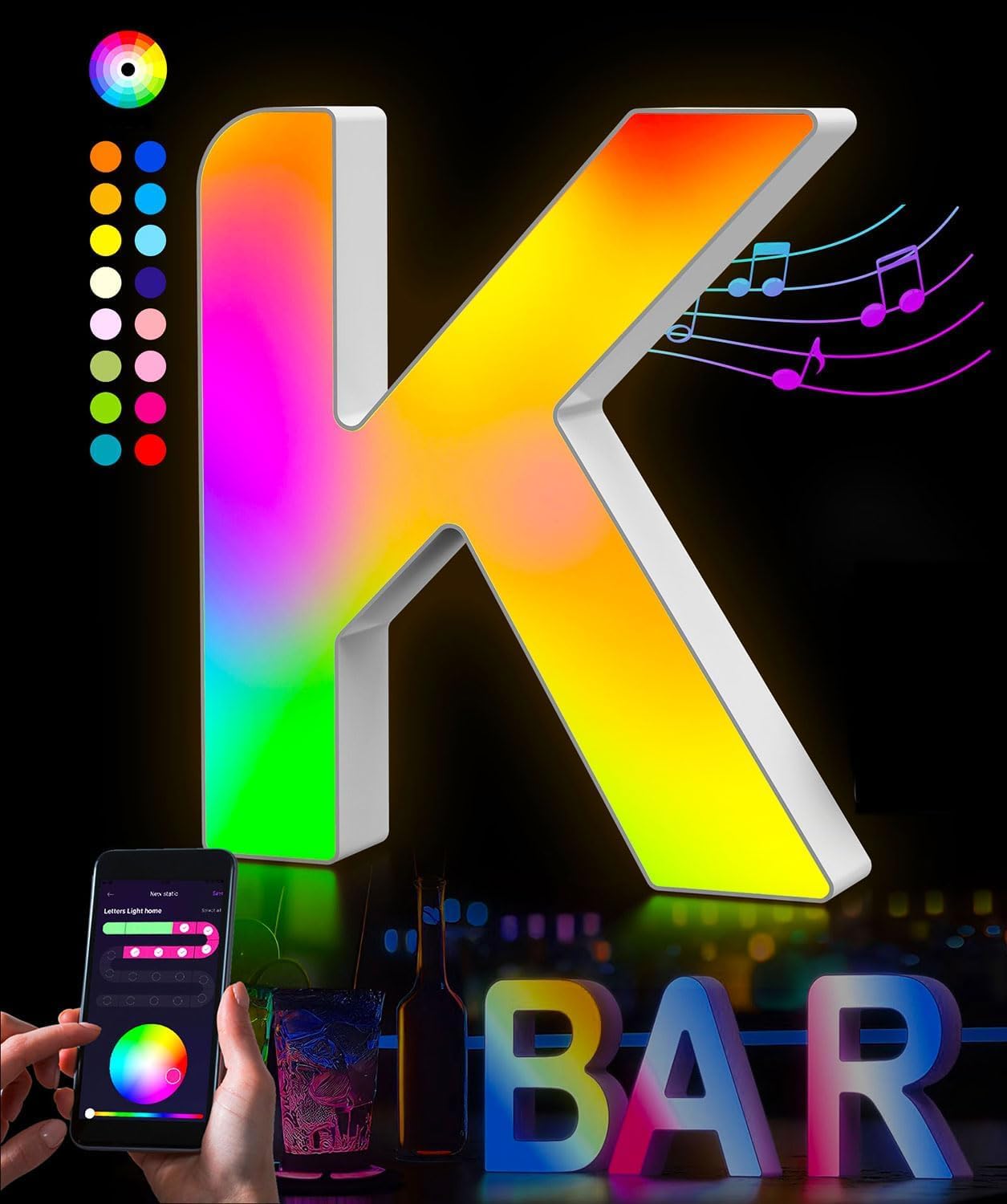 KIMIMARA Luci a LED con lettere alfabeto – Luce a LED con alimentatore USB, controllo app musica sincronizzabile per compleanno, Natale, matrimonio, feste, San Valentino e festival, decorazione（K）