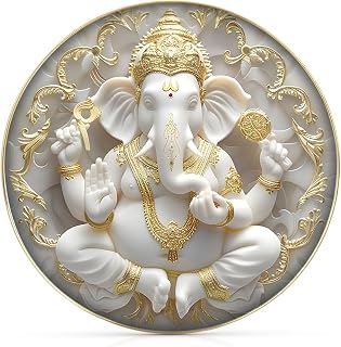 Regalo Casila Luxury White Lord Ganesha Round Wall Art Golden Border Frame 11 Inch High Gloss UV Printed Spiritual Decorat... Price In India