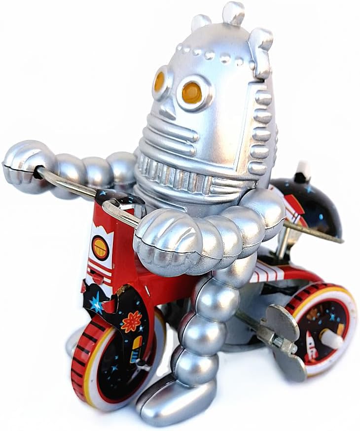 MS013 Silver Mini Tin Toy Robot Tricycle Clockwork Wind Up Walking Ringer Robot with Key Funny Vintage Mechanical Toys Collectible Gifts for Christmas Birthday Thanksgiving