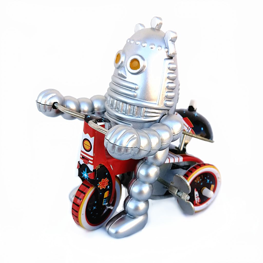 MS013 Silver Mini Tin Toy Robot Tricycle Clockwork Wind Up Walking Ringer Robot with Key Funny Vintage Mechanical Toys Collectible Gifts for Christmas Birthday Thanksgiving