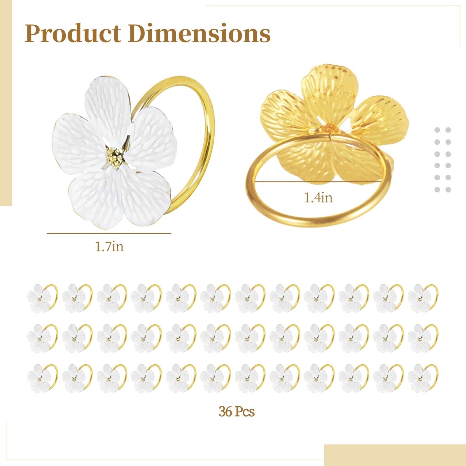 Lot de 36 ronds de serviette en forme de fleur blanche et dorée pour mariages, banquets, fêtes