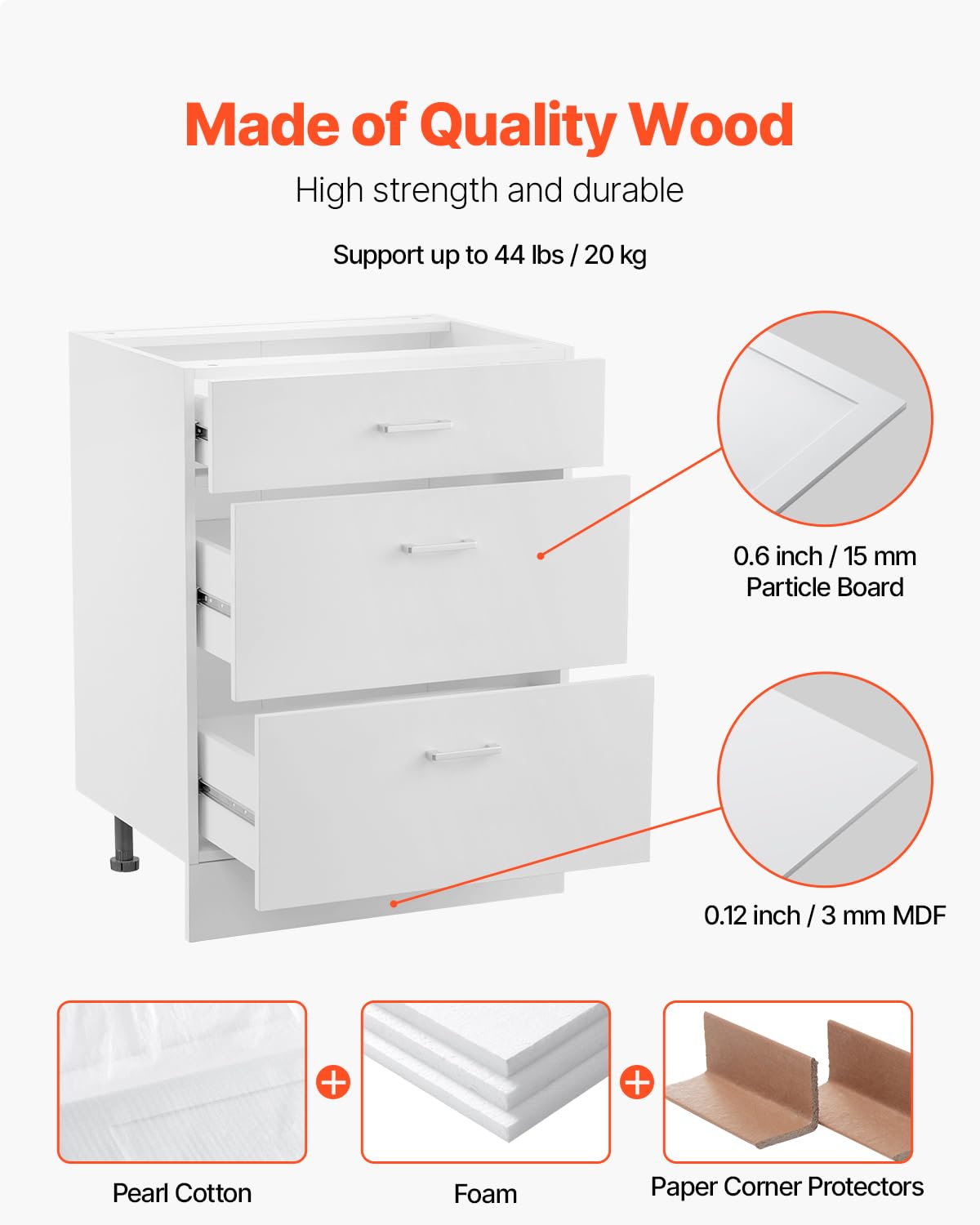 VEVOR weißer Unterschrank (600 x 475 x 816 mm) mit 3 Schubladen unmontierter Schubladen-Unterschrank, Montagefertiger Schrank mit Soft-Close-Türen & verstellbarem Regal, für Haushalt Büro