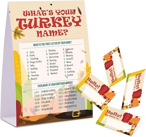 Juego de nombre de Acción de Gracias, con texto en inglés "What's Your Turkey", paquete de 1 letrero y 30 etiquetas de nombre, juegos de fiesta de