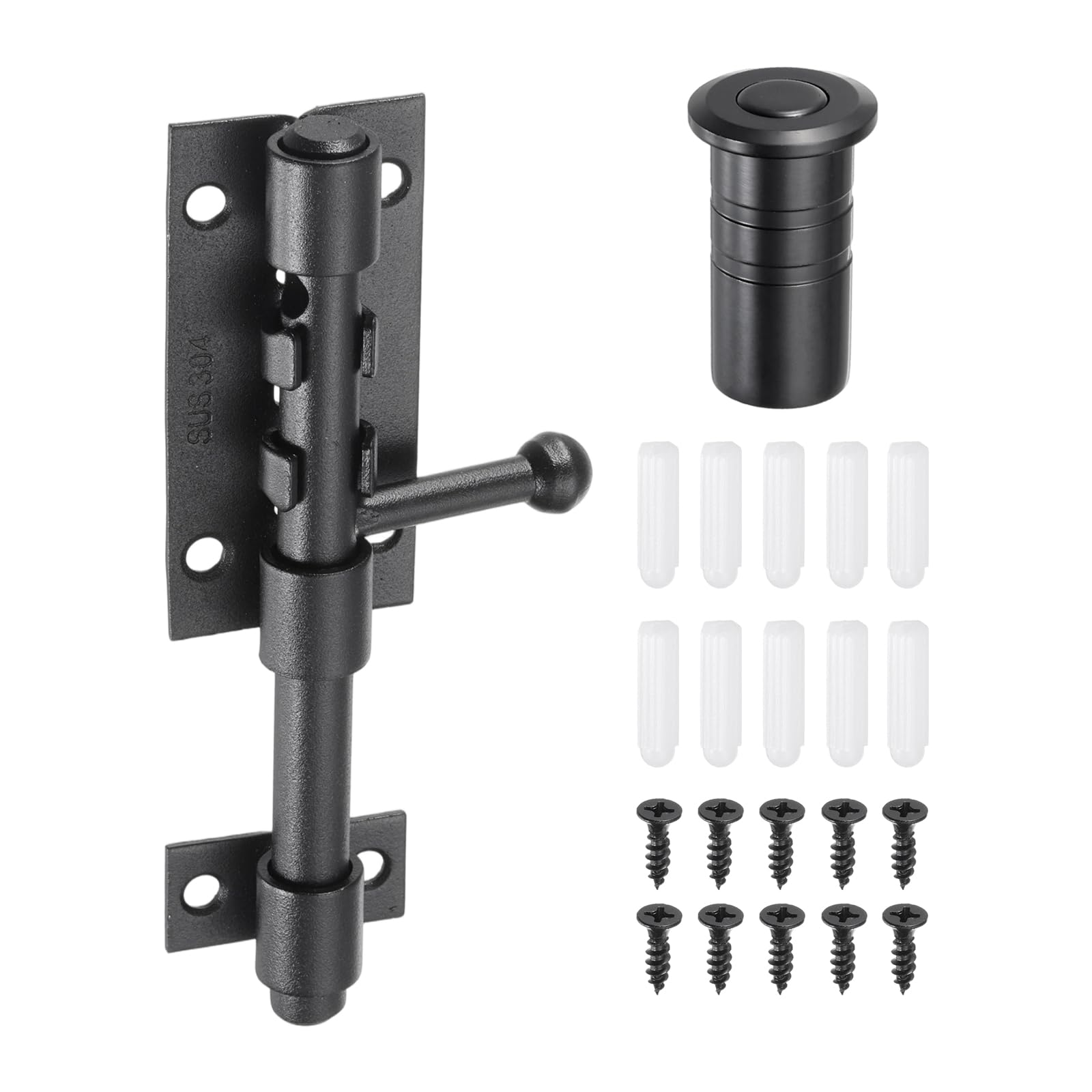 sourcing map 1-Pack Slide Bolt Latch, 5 in 304 Stainless Steel Barrel Bolt Latch Heavy Duty Door Latches Lock 10mm Dia Bar with Dust Container for Barn Wooden Fence Shed Door [Black]