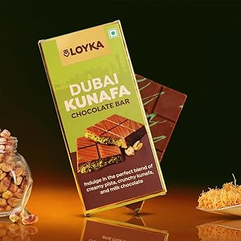 Loyka Dubai Pistachio Kunafa Chocolate Bar, 50% Milk Chocolate, Creamy Pistachio & Crunchy Kunafa, Middle Eastern Sweet, Perfect for Snacking, Gifting & Dessert Lovers - 89gm - image, photos