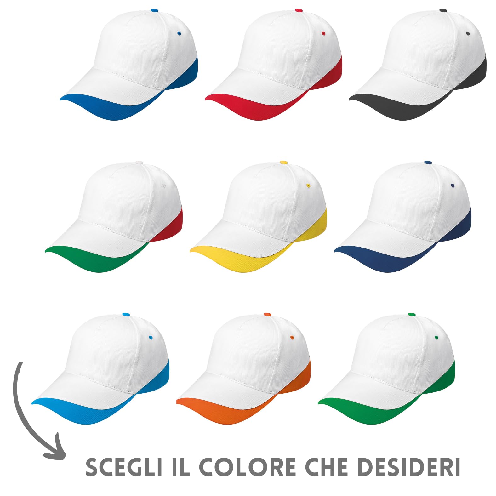 Stock da 10 Cappellini Personalizzati Bianchi con Logo Gadget Personalizzabili Promozionali con Stampa per Eventi, Gite, Fiere, Aziendali Berretti Pubblicitari da Uomo e Donna Stampati con Visiera