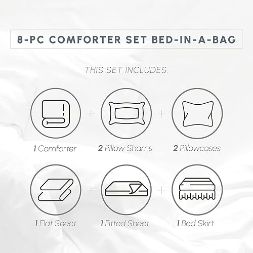 Miniatura 3 de Set de colchas Elegant Comfort de 8 piezas de seda suave a rayas dobby resistentes a las arrugas (el paquete incluye set de 4 sábanas, 1 colcha, 1