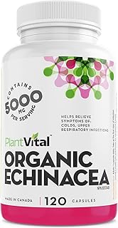 PlantVital Echinacea capsules (10:1 ratio) Source of Vitamin C and Zinc Treatment for respiratory tract infections Helps relieve cold symptoms 120 capsules, Vegan, non-GMO. Made in Canada.