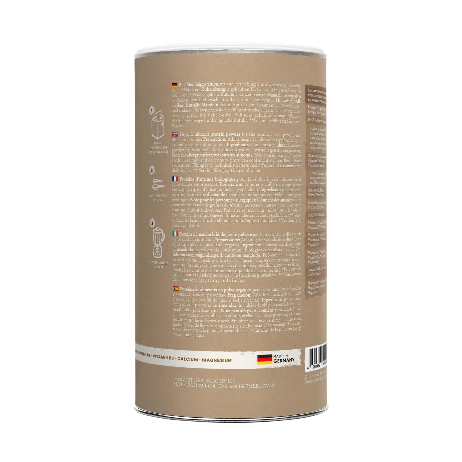 HARVEST REPUBLIC Veganes Proteinpulver Natur | 550 g Protein Pulver auf Mandelbasis | bis zu 13,8 g Protein pro Portion | Geschmacksneutral | ohne Zusatzstoffe