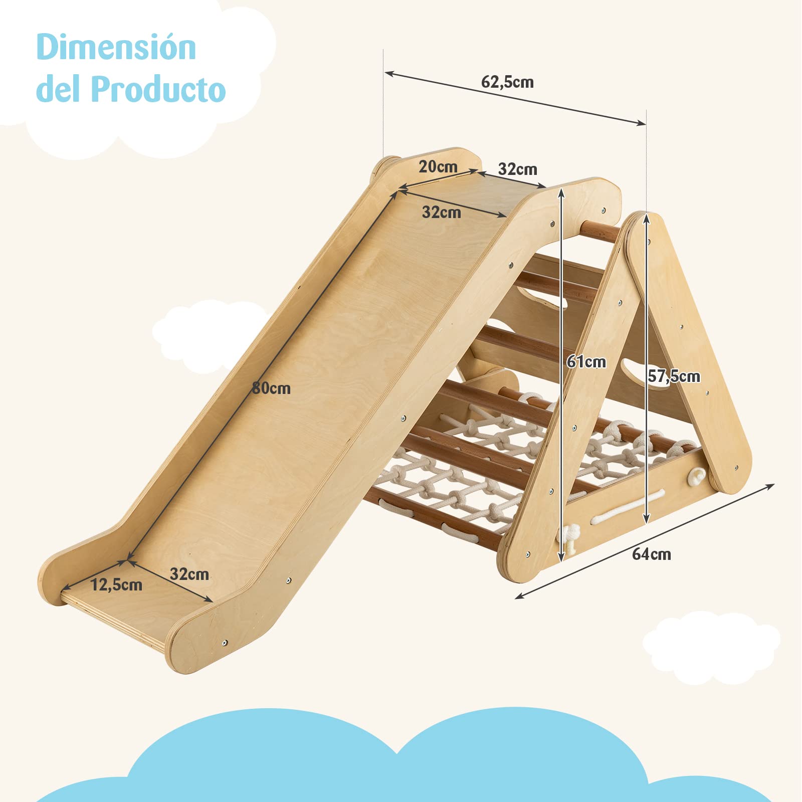 COSTWAY 4 en 1 Triángulo de Escalada para Niños, Escalador Triangular con Tablero Deslizante, Juego de Escalada de Madera para Interior con Red de Escalada para Hogar(Natural)