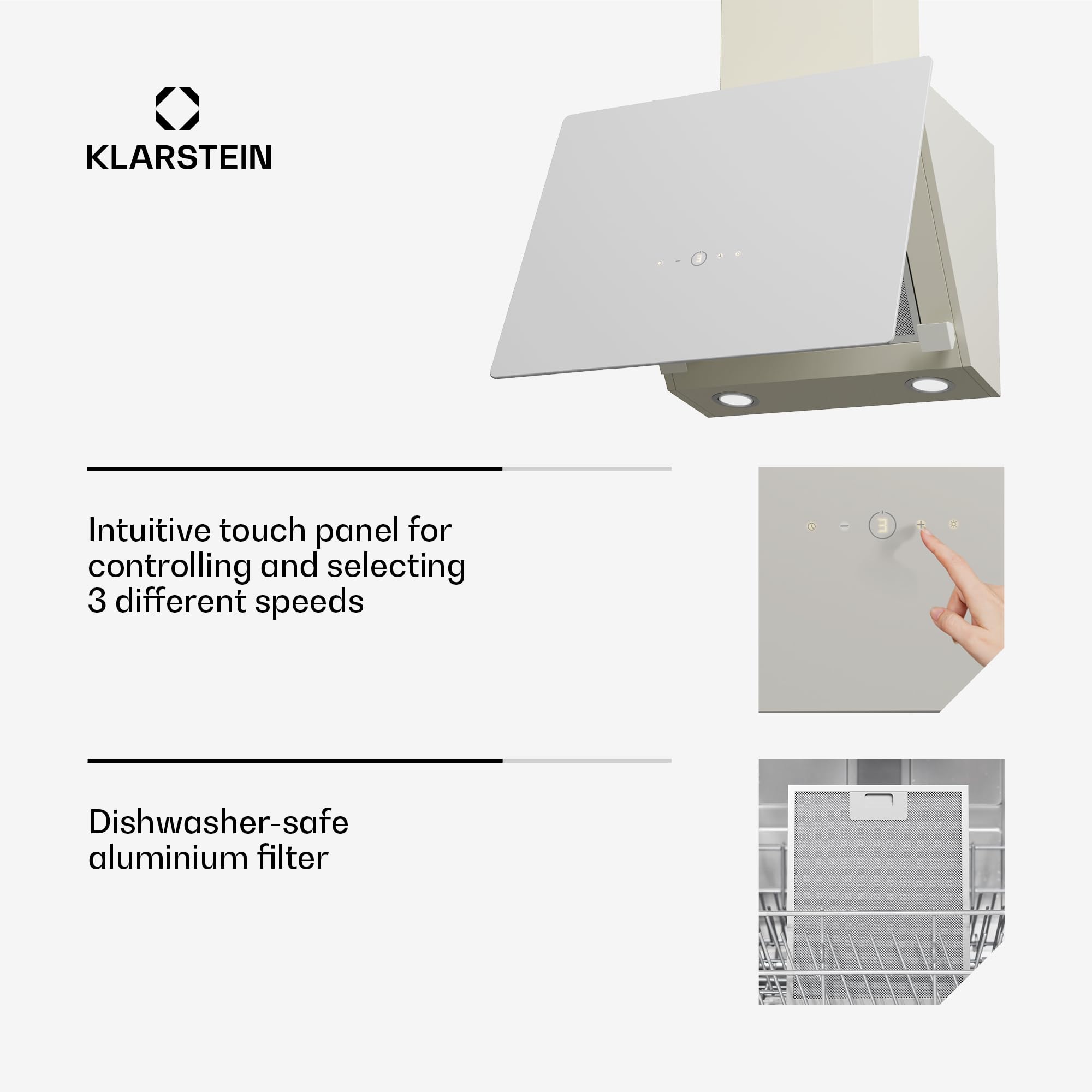 Klarstein MaxAir okap kuchenny – kompaktowy i wydajny, przepływ powietrza 183-336 m³/h, wydajność energetyczna A++, obsługa dotykowa, oświetlenie LED, przepływ i obieg, krem vintage