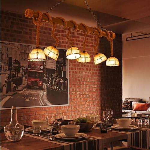 Miniatura 4 de Genérico Araña moderna, LED Modern Chandelier Lamp Large Retro Hemp 6 Bamboo Cloth Cover Hand Woven Rope Adjustable Sling E27 Living RoomDining