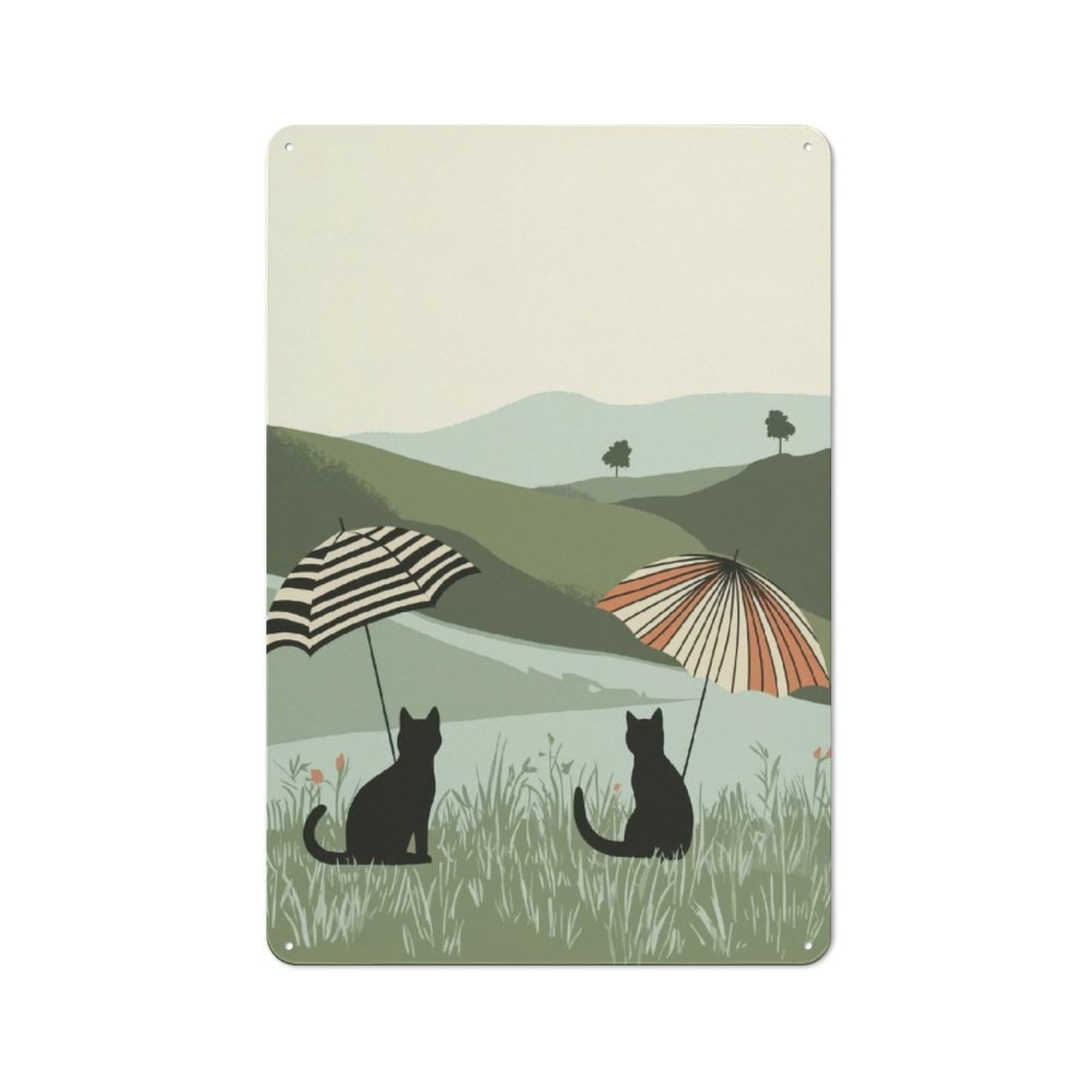 Cats in A Green Landscape Metal Wall Plaque, Easy to Hang Plaque for Garage, Shed, Workshop Or Hobby Room, 30x20cm