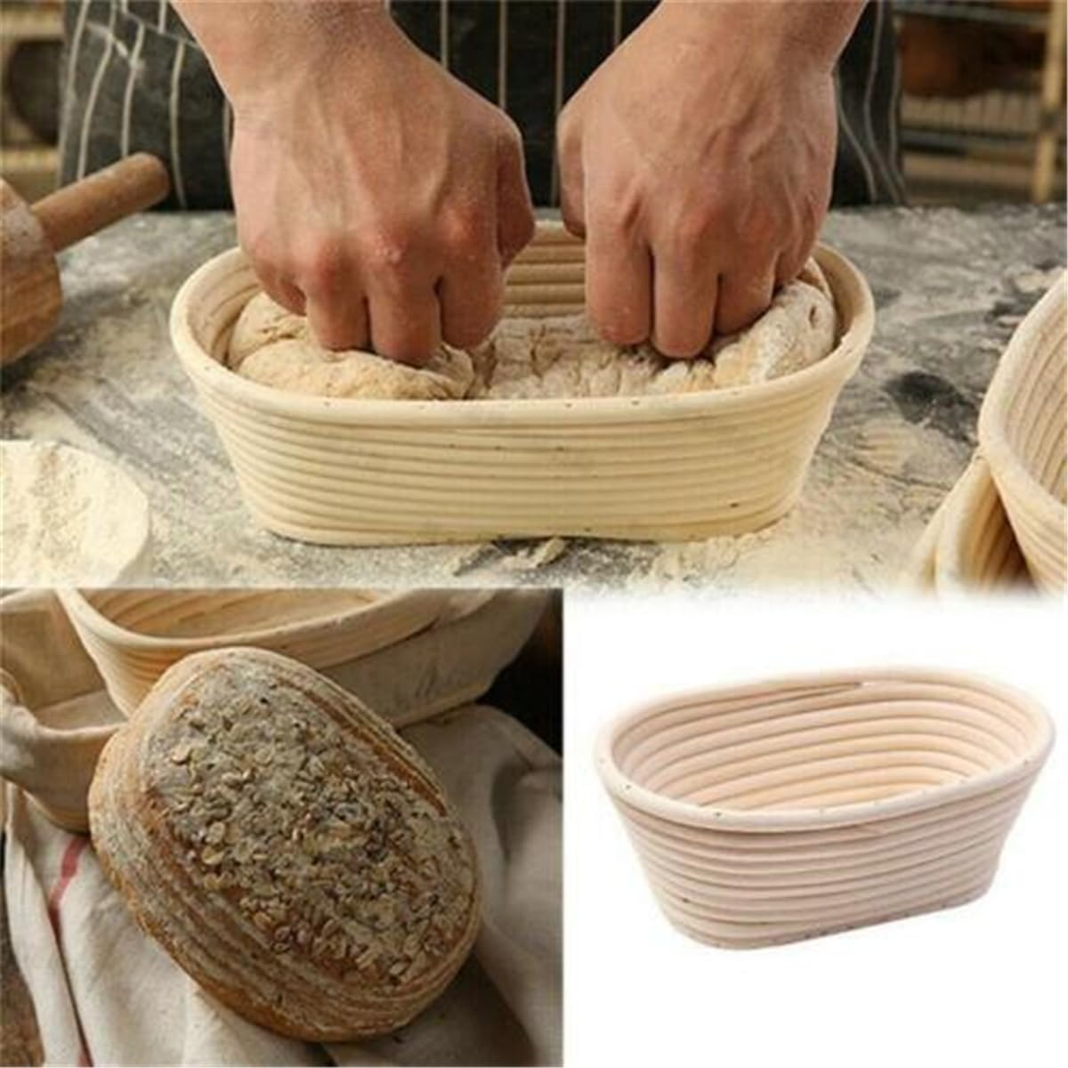 Set 6 Cestini Lievitazione Pane In Rattan - Banneton Ovale Con Tela Di Lino - Per Panificazione Domestica - Foto 6