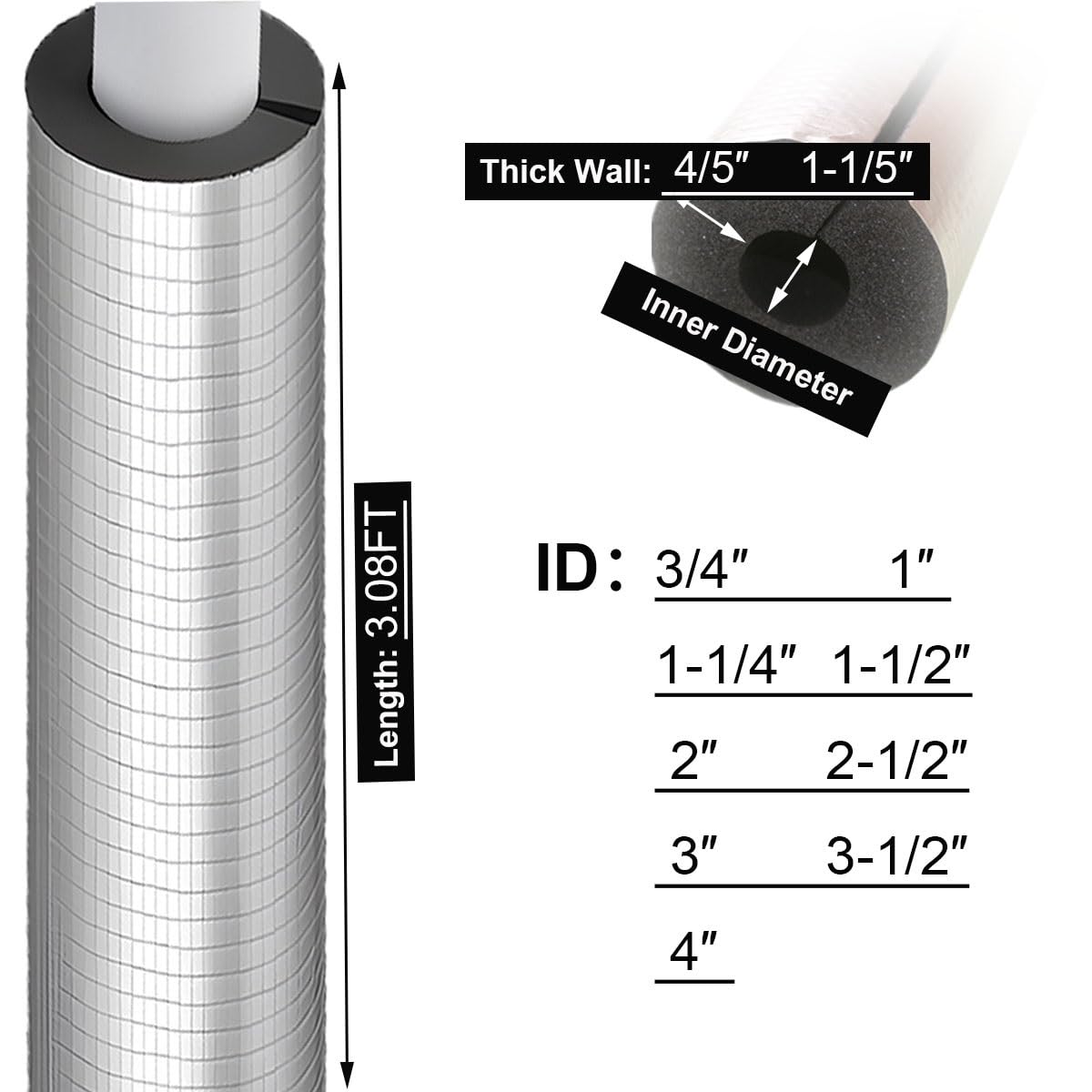 Tubo isolante in schiuma per tubi autoadesivi ad alta densità, diametro interno da 1,9 cm a 10,2 cm (1 confezione) (ID 5 x T 4/5 ")