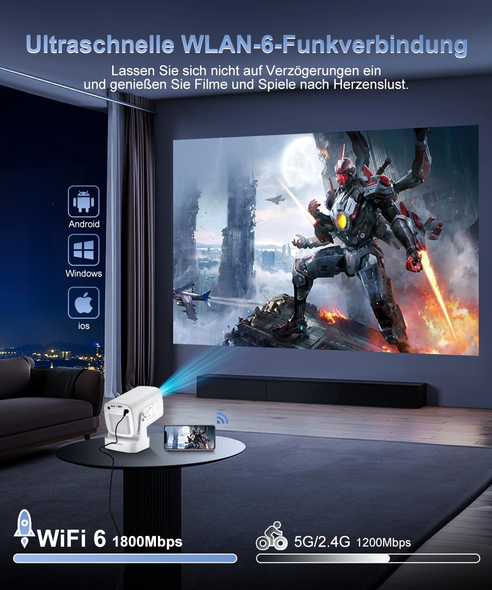 HY260pro 4K Smart Beamer,Mini proiettore con WiFi 6 Bluetooth 5.4 1080p Full HD proiettore portatile con Android 14.0,rotazione di 270°,Home Cinema Proyector per camera da letto all'aperto