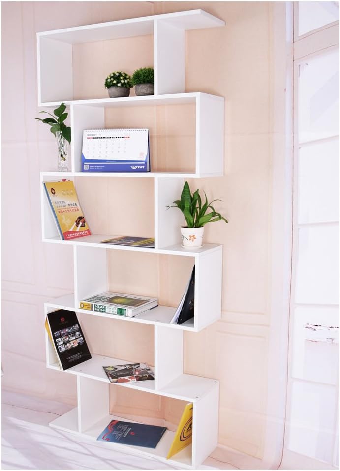 CitySales S Shaped Bookcase Bookshelf Decoration Display Unit Storage Rack 6 Tier Shelves Office Library Living Room Furniture White/Black (White)