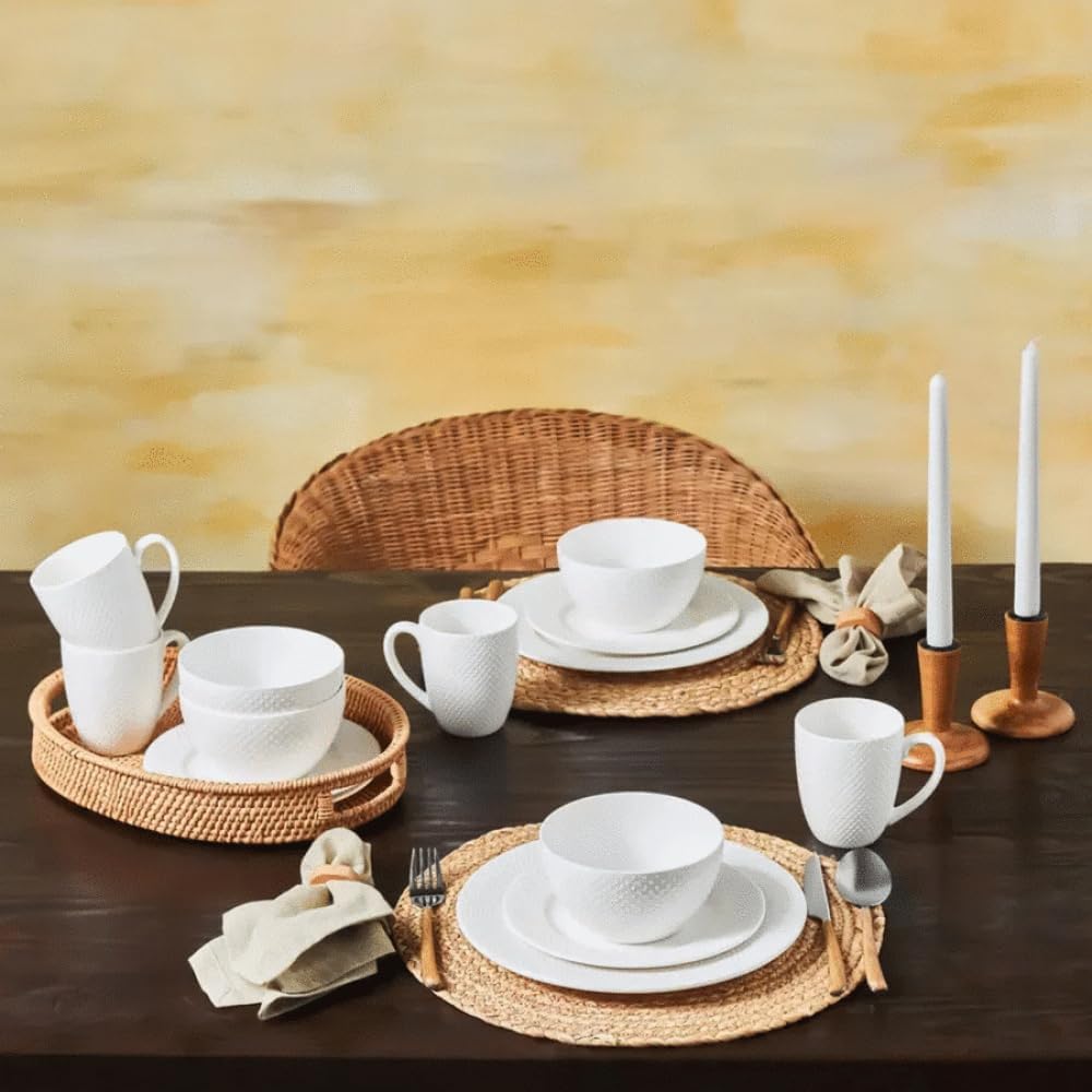 Karaca Punto Embossed Bone China Dinnerware Set for 4, 16 Piece, Plates And Bowls Set, Crockery Set, White image 2