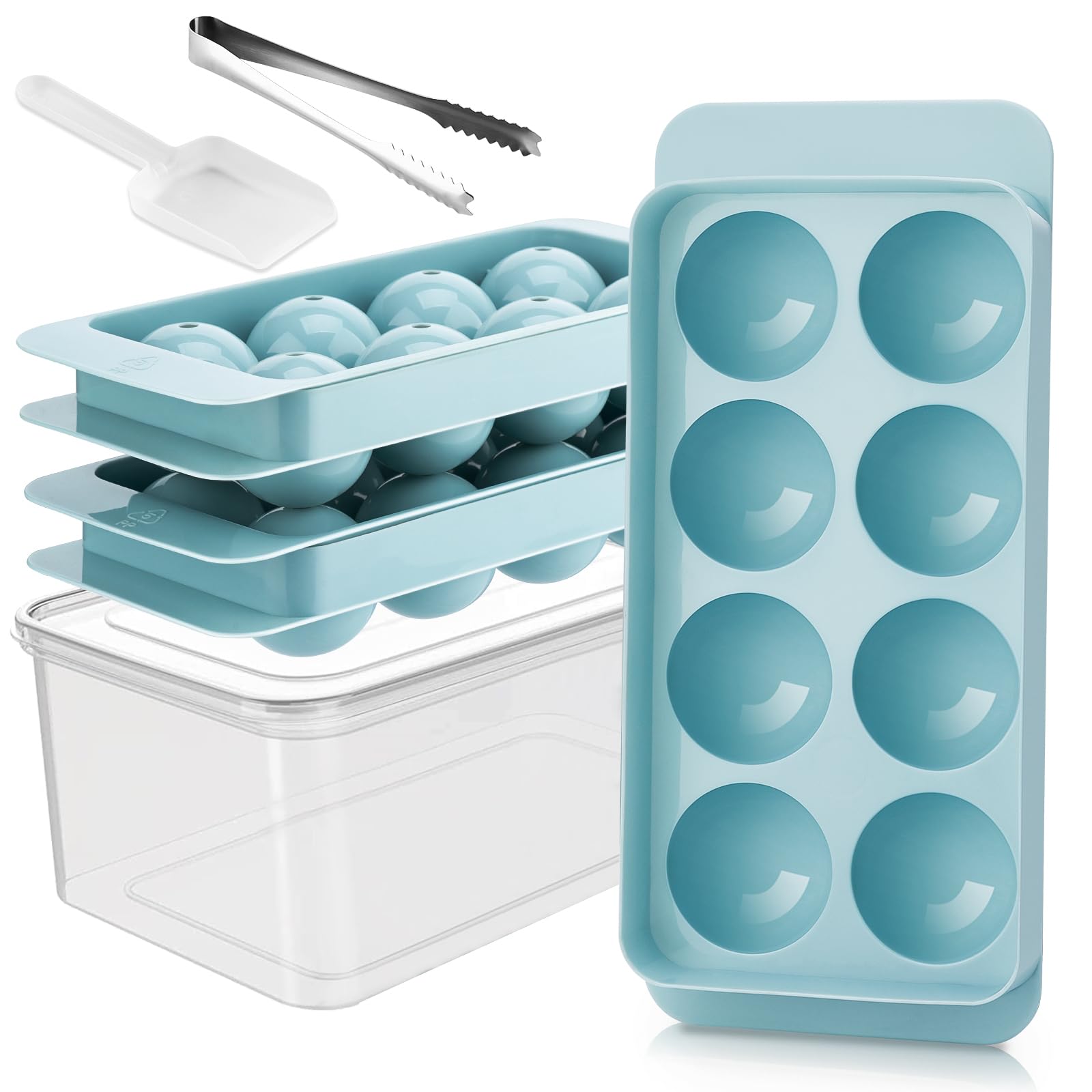 Geegoods Large Ice Cube Tray, 2'' Ice Ball Maker Mold, 3x8 PCS Sphere Ice Mold with Lid, Bin&Spoon, Ice Tray with Easy Release Round Ice Cube Mold for Whiskey, Cocktails, Bourbon(Blue)