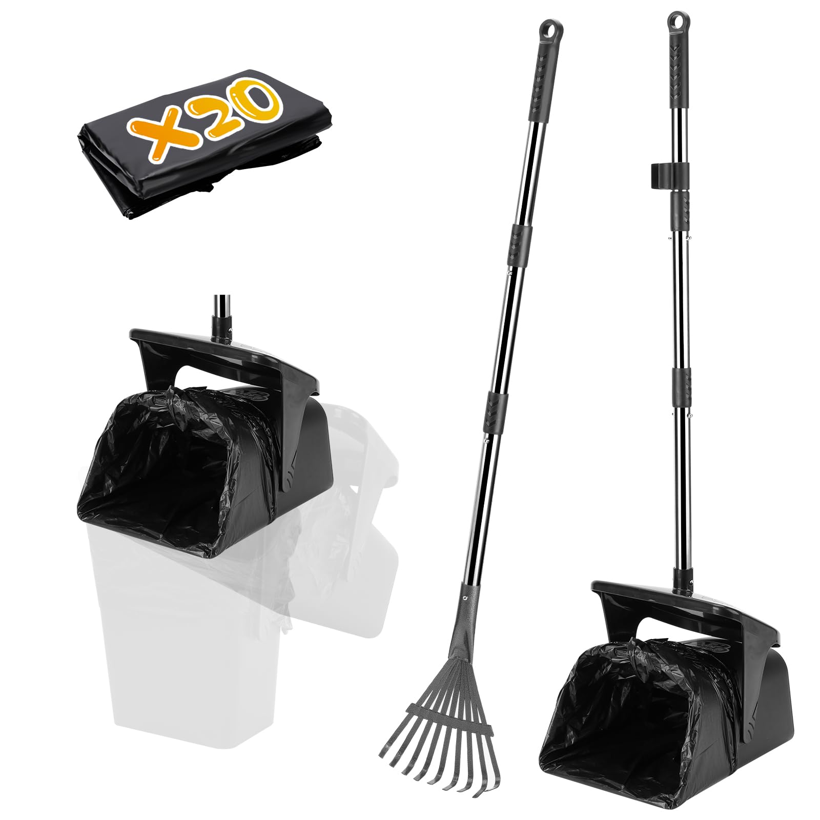 Kit Recogedor de Excrementos para Perros con Cubo Giratorio, Rastrillo y 20 Bolsas – Mango Largo para Jardín y Exterior