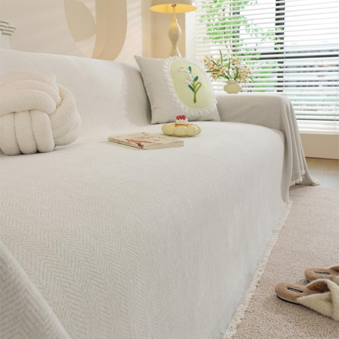 Highdi Chenille Sofa Throws Large Ersatile Soft Throw Blanket with Tassels, Solid Color Extra Large Throws for Settees Couch, Sofa, Bed, Armchair (White,180x300cm)