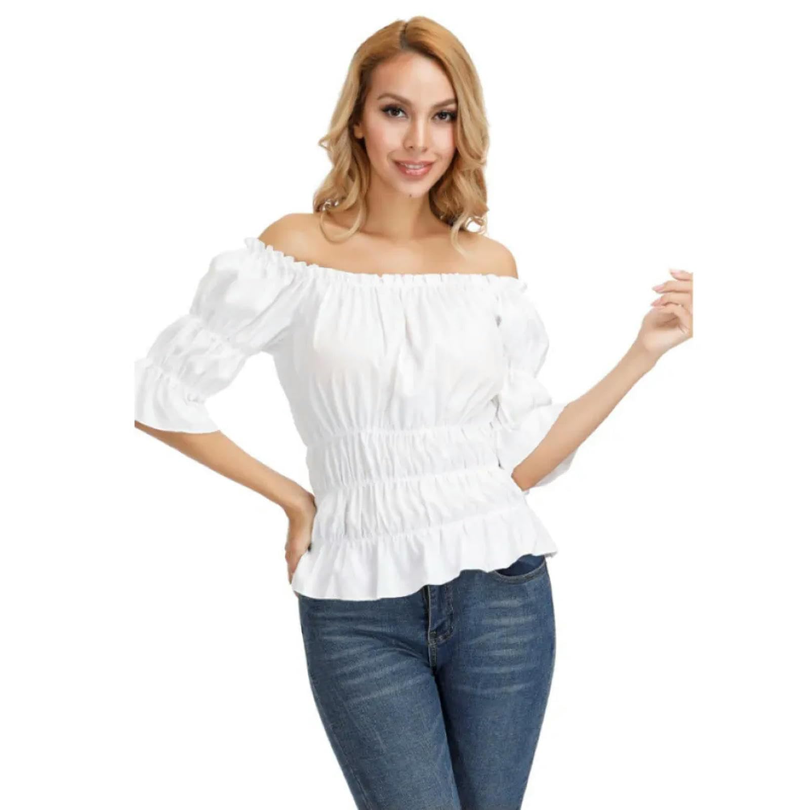 Damen Renaissance-Bluse, schulterfrei, Kurze Ärmel, schmale Passform, mittelalterliche Mode, Piratenbluse, Hemd, Cosplay-Kostüm, Übergröße, Marineblau, S