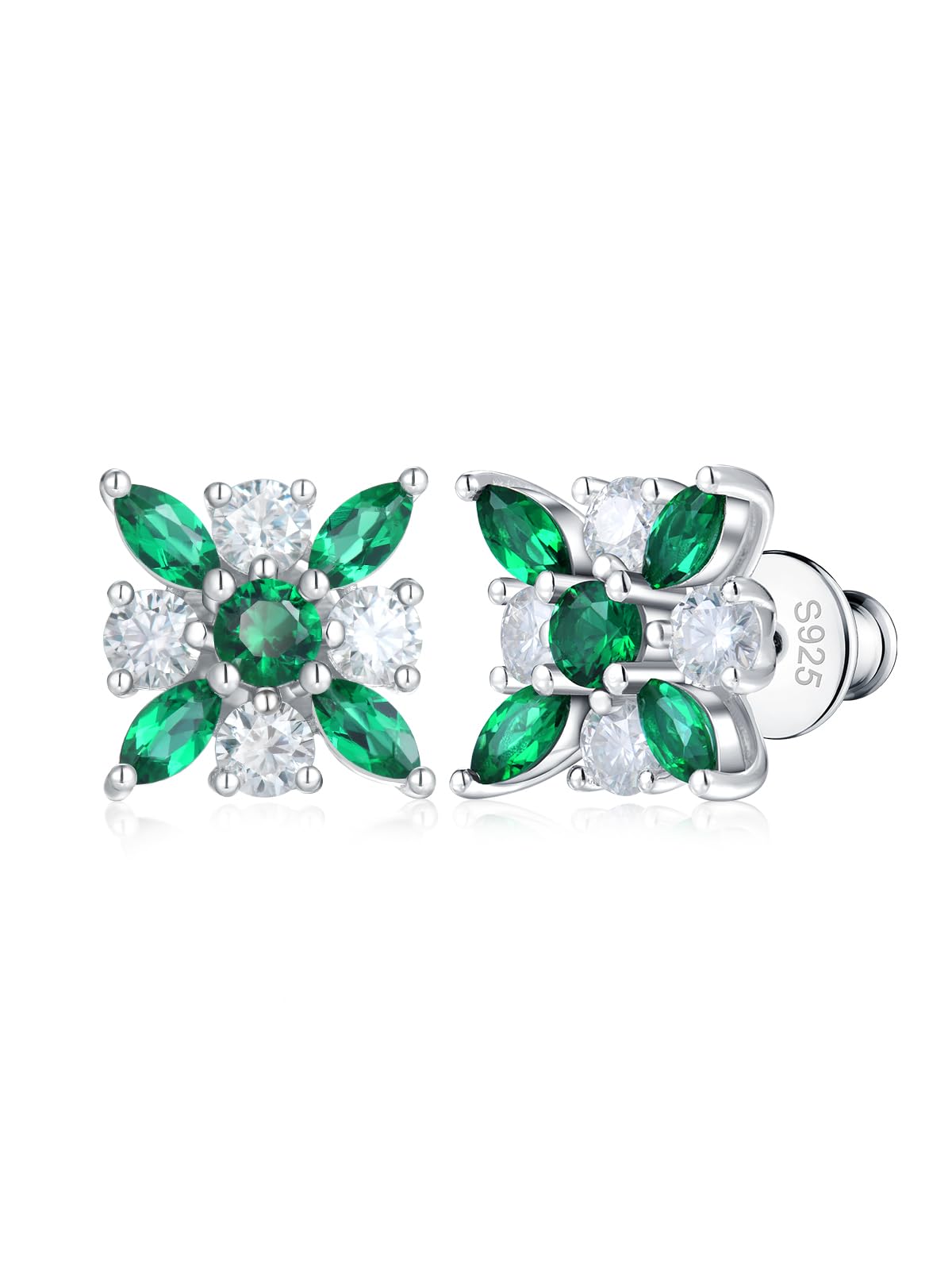 1.64 Carat Moissanite and Emerald/Sapphire/Ruby Flower Square Stud Earrings for Women, Solid 925 Sterling Silver, Anniversary Christmas Birthday