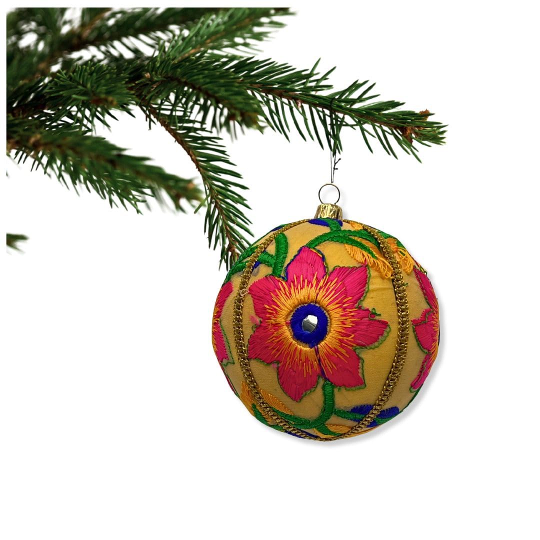 Marisha Mistry Gold Base & Bright Floral Design Paradise Bauble – Gold Base With Bright Pink & Yellow Floral Embroidery | 10Cm | Handmade Fabric Ornament | Sustainable Home Decor | Unique Artisan Gift | Uk Handmade Luxury Bauble