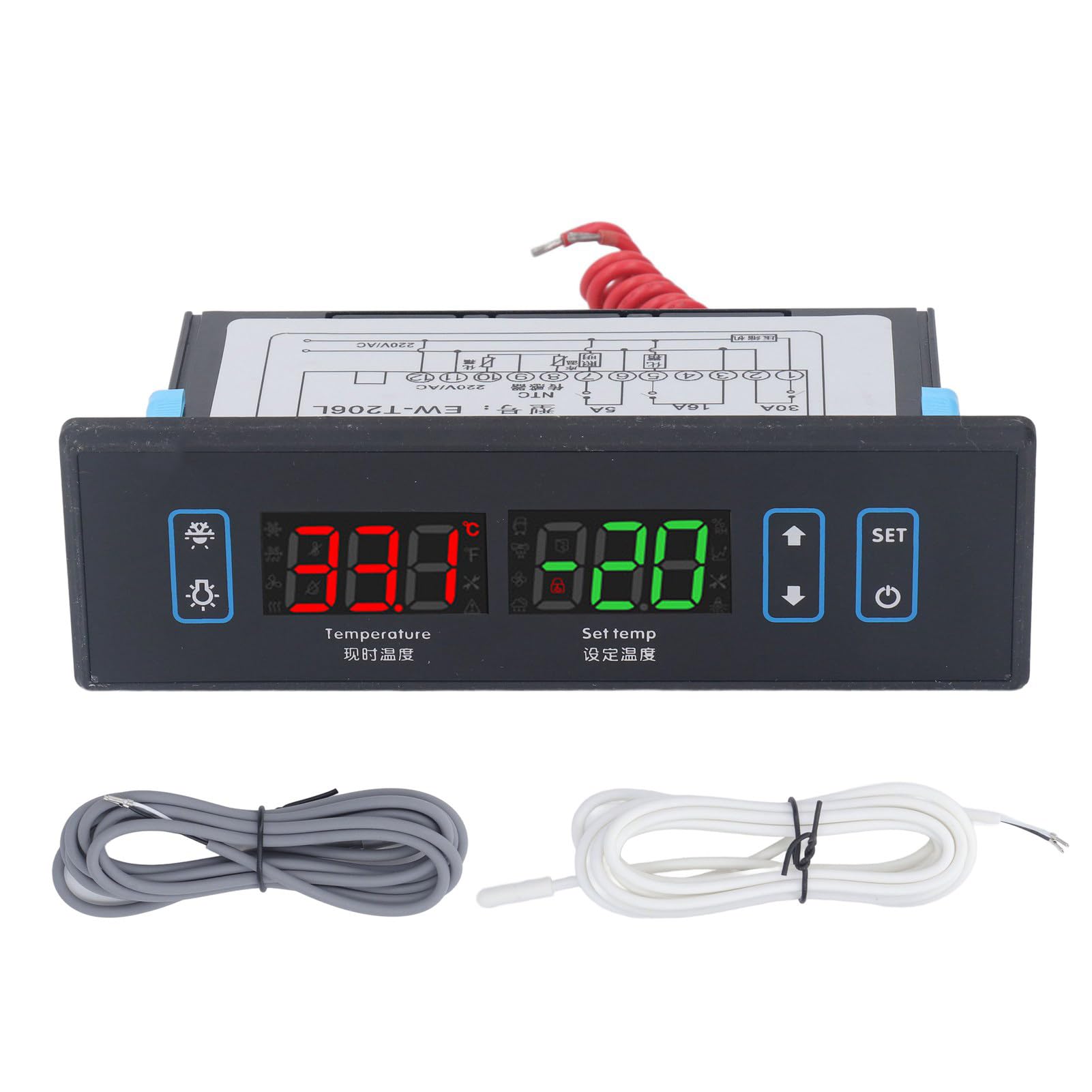 Ejoyous Termostat z Cyfrowym Wyświetlaczem, Regulator Temperatury ABS PID AC220V z Podwójnymi Czujnikami , Termostat Ogrzewania i Chłodzenia, Automatyczne Odszranianie, 60 ℉ do 125 ℉ dla Systemów