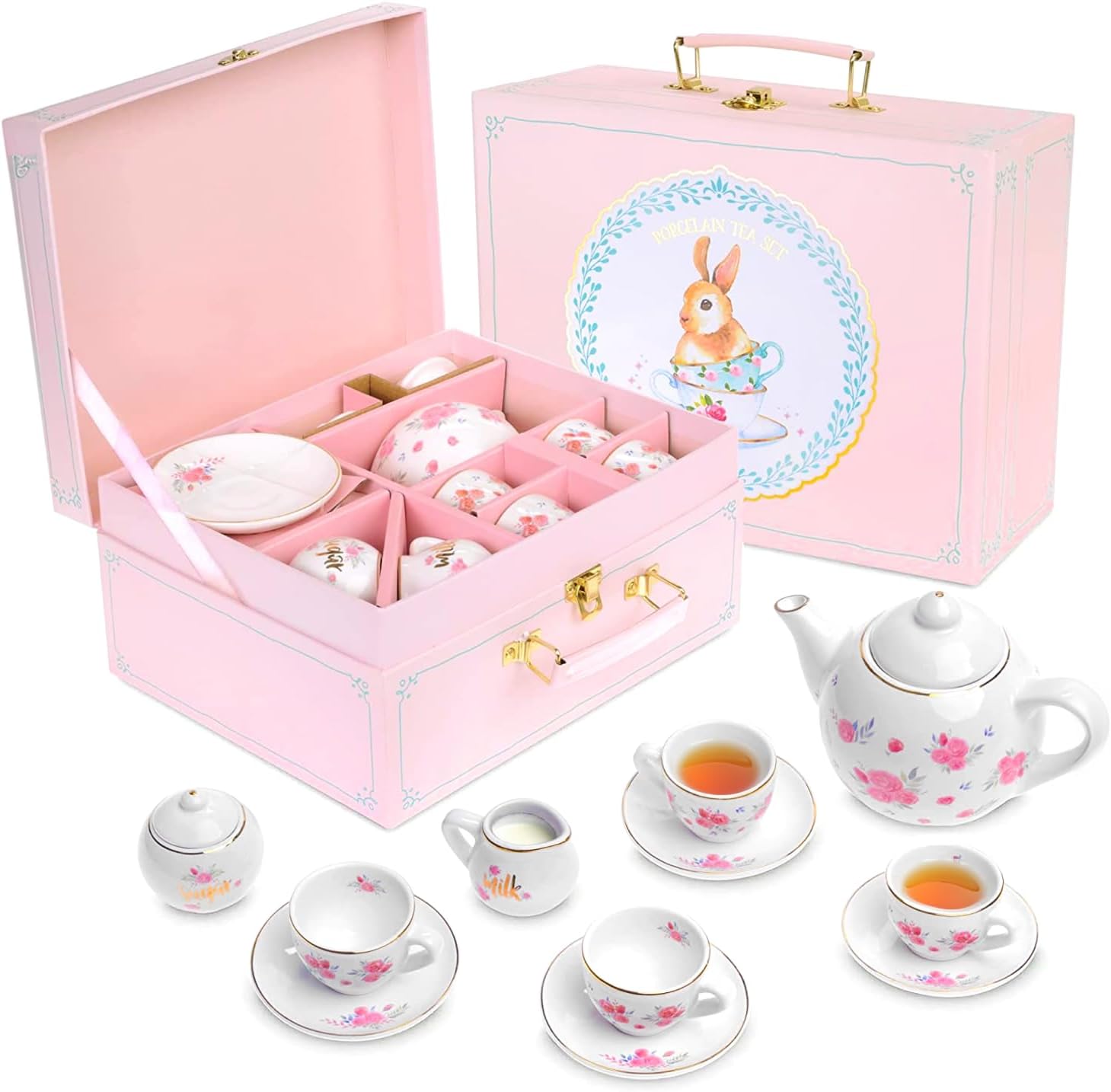 Jewelkeeper Porcelain Tea Set with Pink Picnic Basket (13 pcs) for Girls