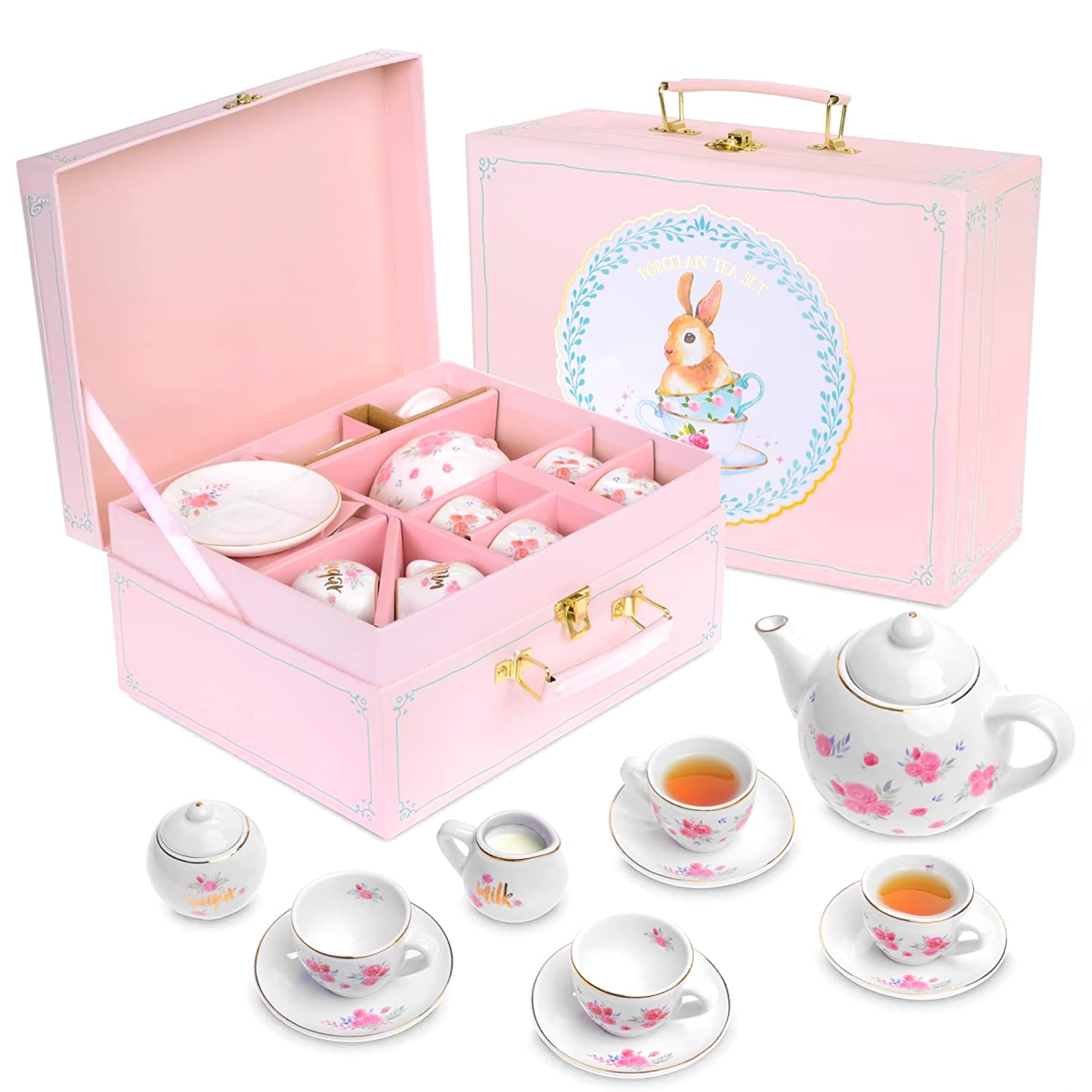 Jewelkeeper Porcelain Tea Set for Little Girls with Pink Picnic Basket – 13 Pieces Mini Toddler Tea Sets for Girls 2-4 – Real Tea Cups, Teapot, and Saucers – Children Play Tea Set – Floral Design