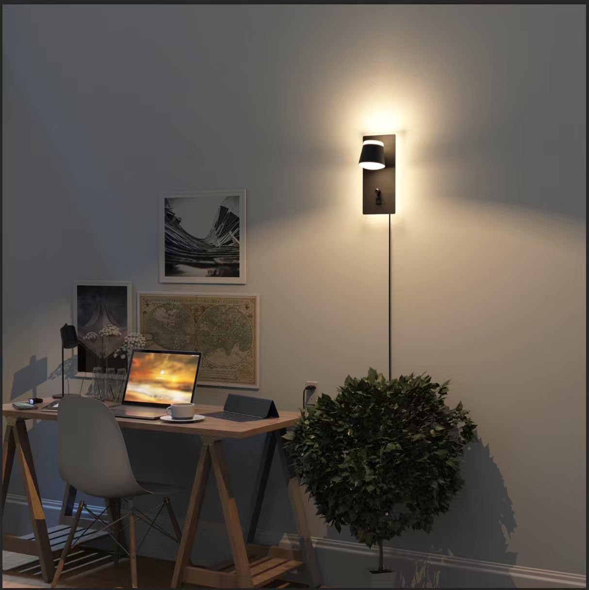 Sytmhoe Lampa ścienna do sypialni z przełącznikiem, wtyczką USB typu C, funkcja ładowania, 25 W, 2000 lm, ściemniana, nocna 3000 K, 6000 K, 4500 K, nowoczesna czarna lampa ścienna do wnętrz z kablem