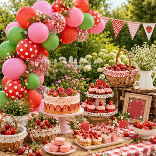 Image of Strawberry Balloons, 50Pcs 12 Inch Red Pink Green Confetti Latex for Party