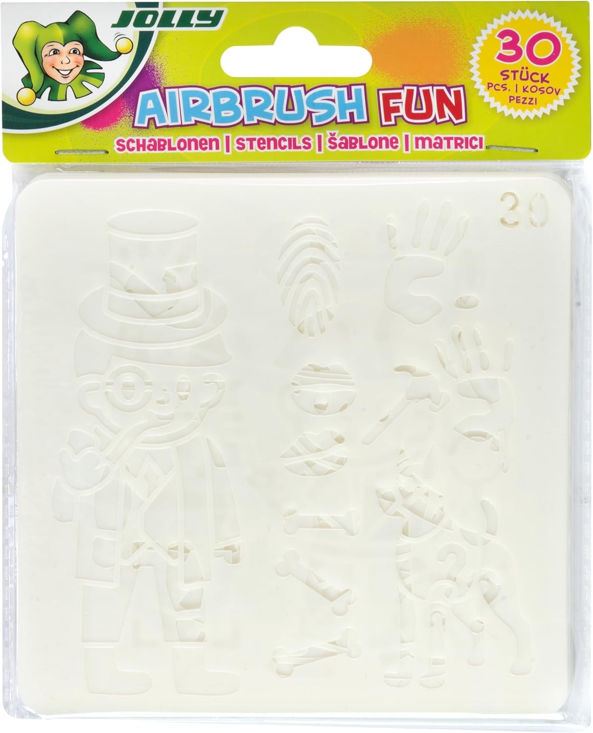 JOLLY Airbrush Fun | Farben sprühen für Kinder | Ungiftig (Airbrush), 20-teiliges Set, grün & 4446-0003 Airbrush Schablone, Kunststoff, Transparent, 30 Stück