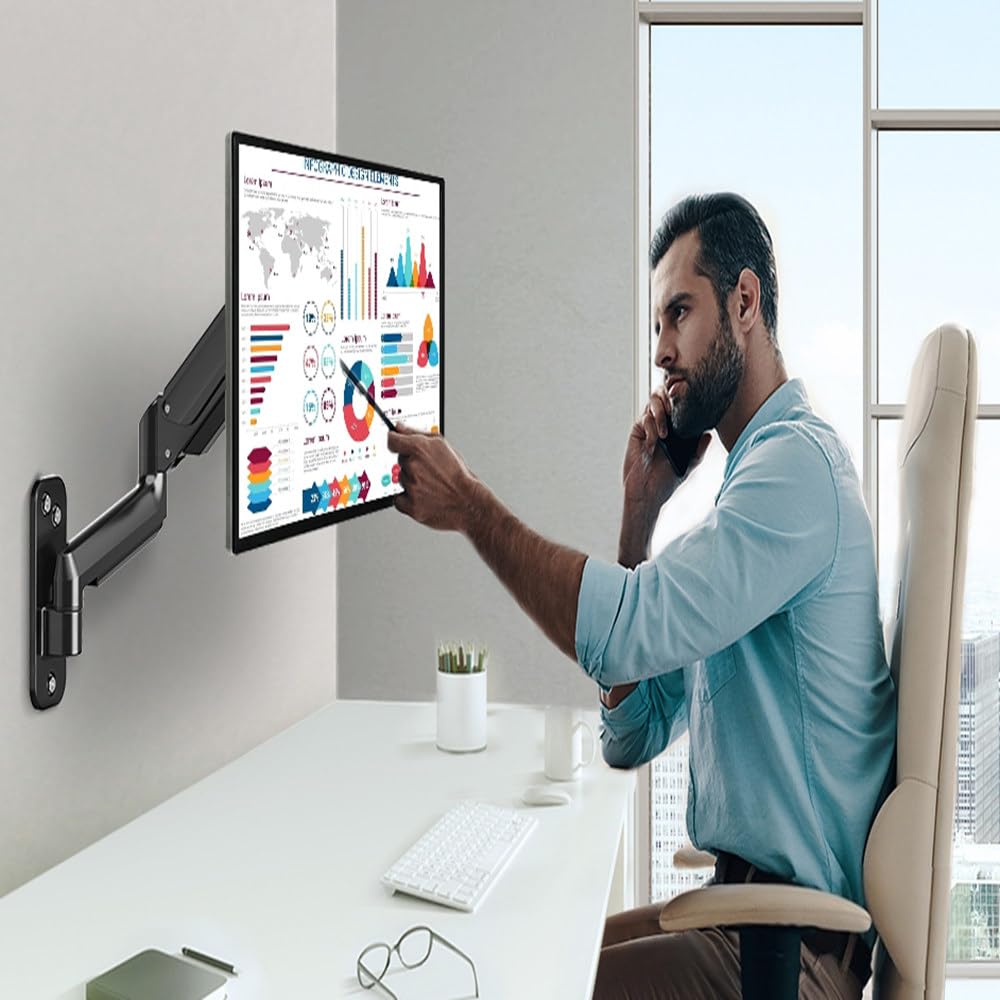 Display con Braccio Pneumatico a Schermo Singolo,Schermo da 17-32 Pollici,Supporto da Parete per Monitor Regolabile per Impieghi Gravosi,Rotazione di 180°,Altezza Disponibile 11,08 Pollici