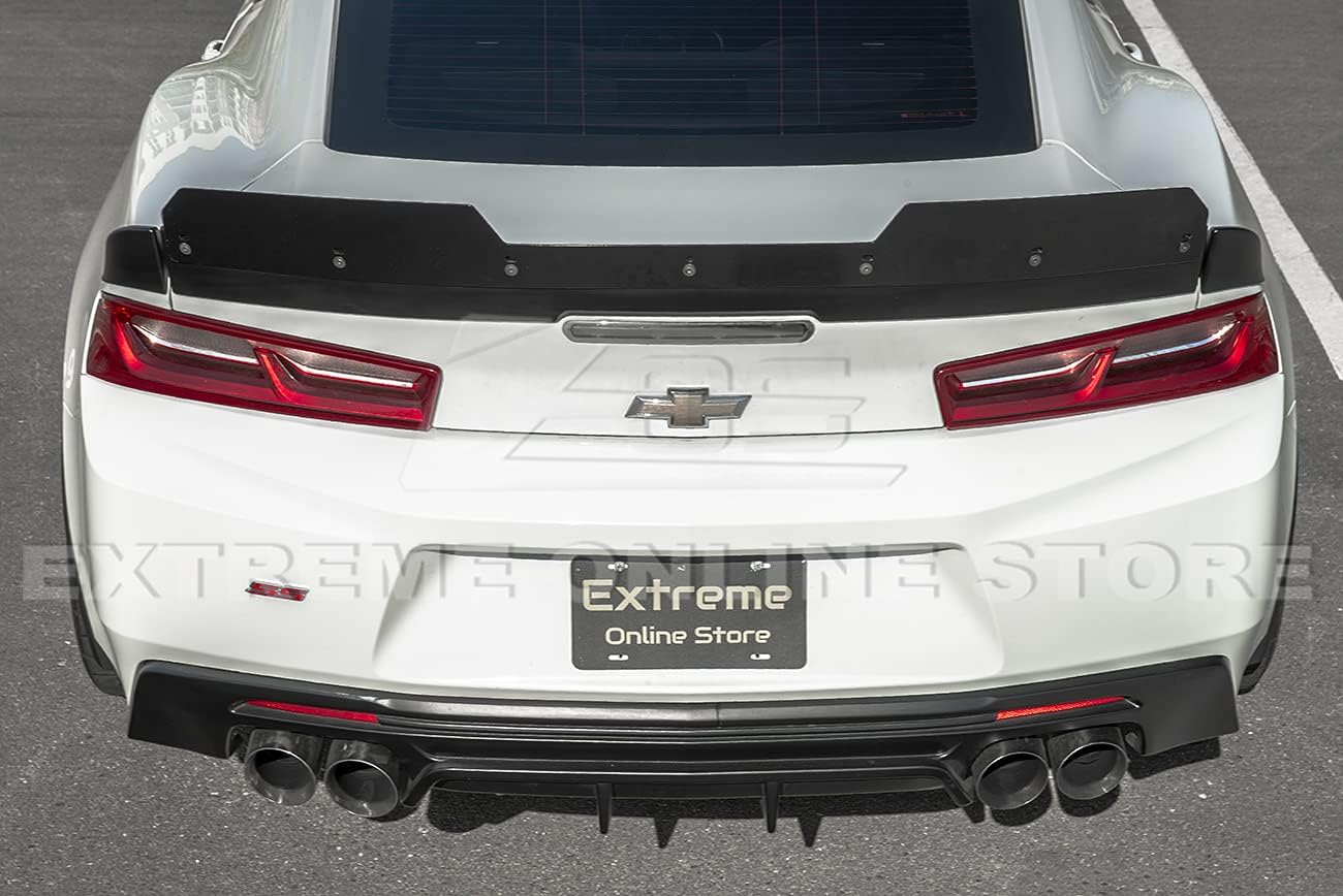 Replacement for 2016-Present Chevrolet Camaro All Models | 1LE Extended V2 Style ABS Plastic Matte Black Add On Rear Trunk Lid Wing with Aluminum Painted Glossy Black WickerBill Spoiler