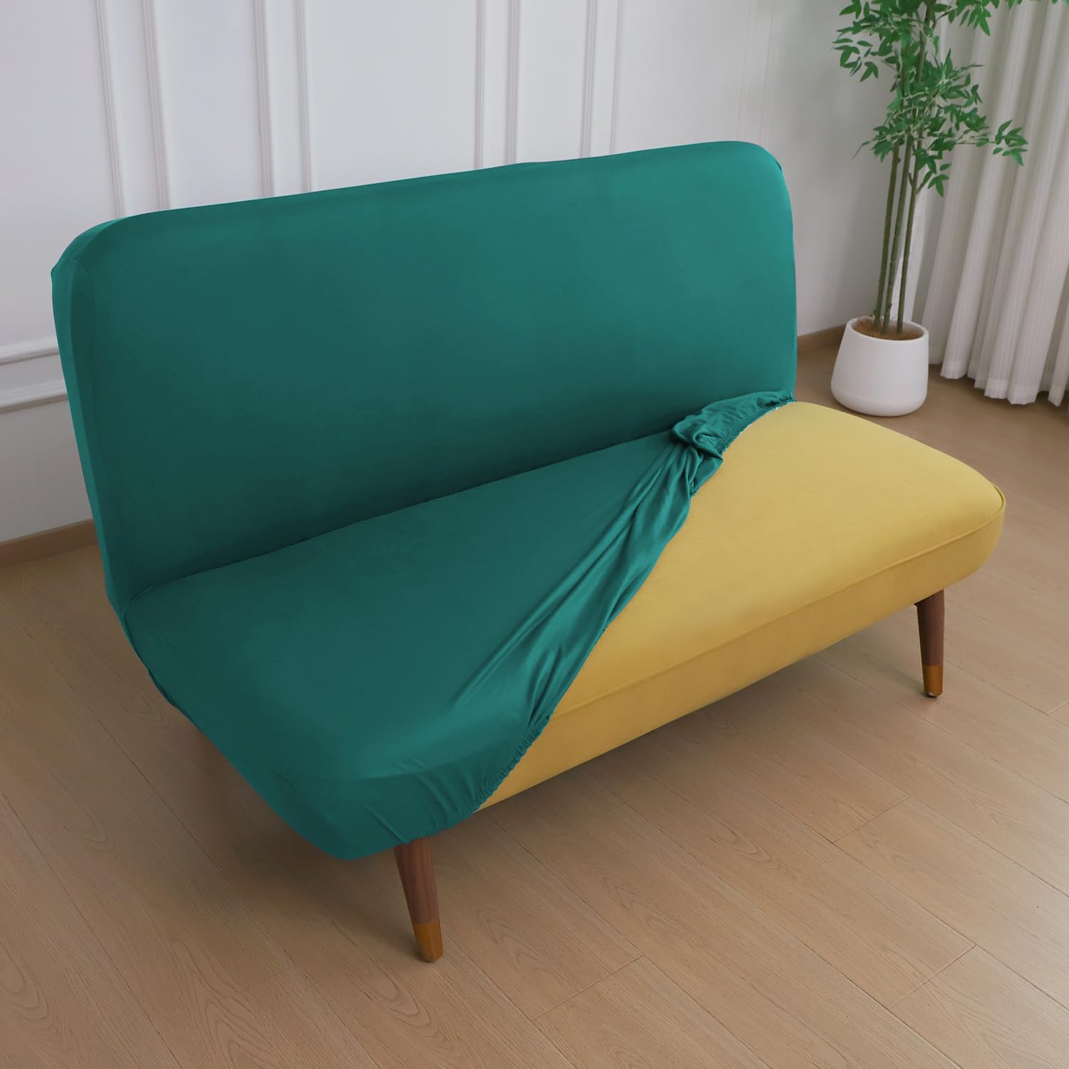 HOKIPO 'SereneSolids' 140 GSM Armless Sofa Cover | Stretchable Sofa Cum Bed Cover | Futon Slipcover, Medium, Teal (AR-6251-TL)-image-16