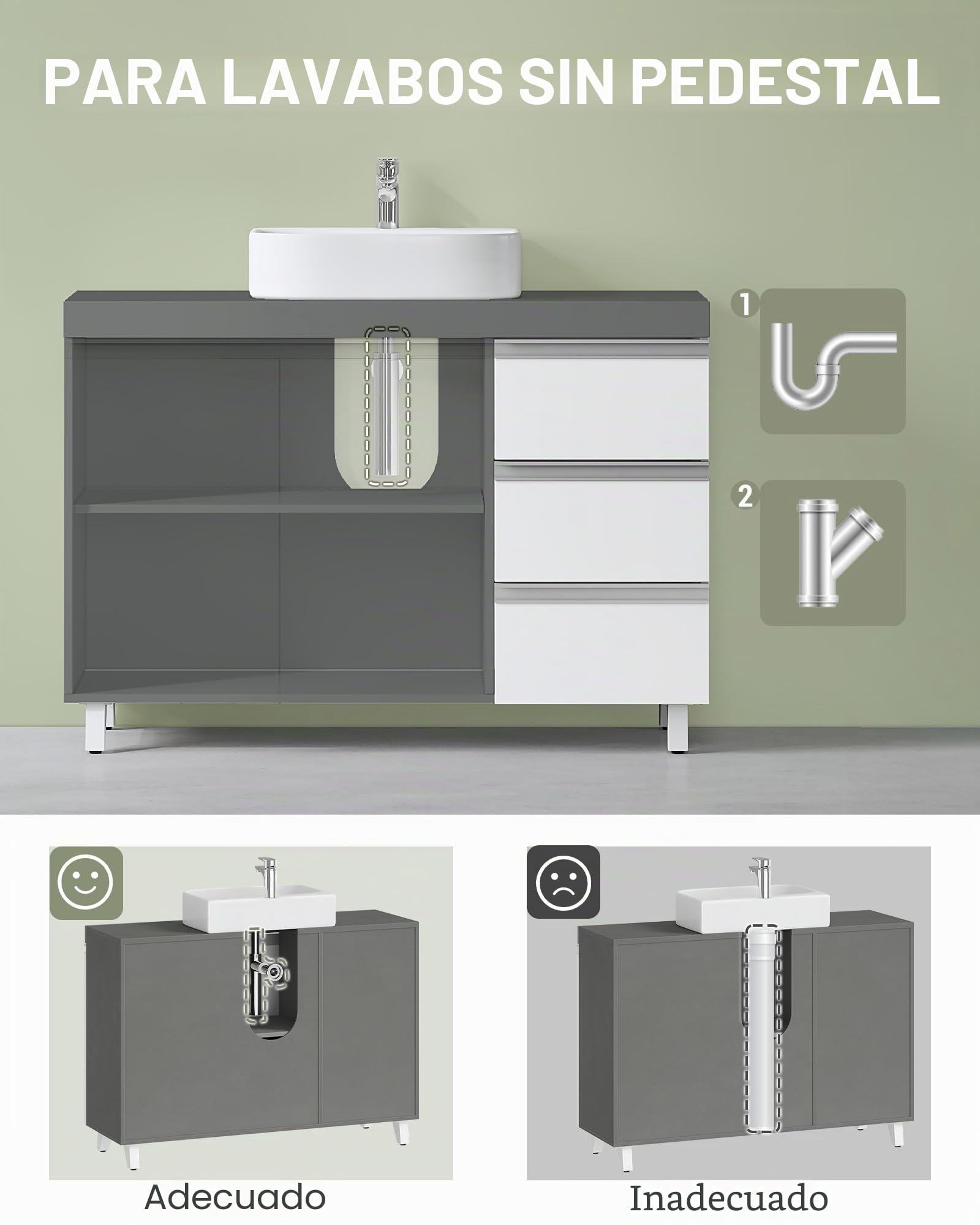 Hzuaneri Mueble Bajo Lavabo, Armario de Baño, 3 Cajones, 2 Puertas, con Pies, 30 x 90 x 64 cm, Estilo Moderno, Blanco y Gris BC29929X