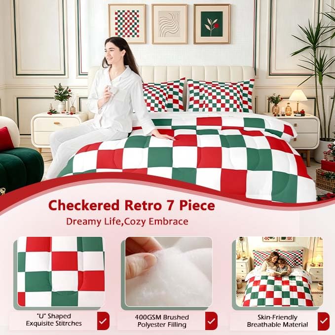 Image of Feelyou Checkered Christmas Comforter Set with Sheets 7 Piece Twin Size Red Green Plaid Bedding Set for Kids Boys Girls Geometric Vintage Bed in a Bag Modern Simple Groovy Aesthetic Room Decor Soft